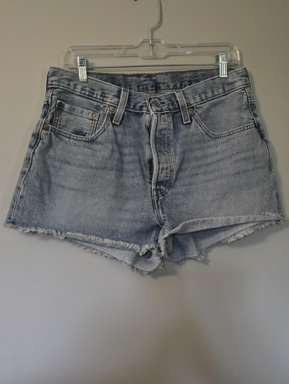 Levi's 501 Button Fly Light Blue Frayed Hem Denim Shorts, Red Tab